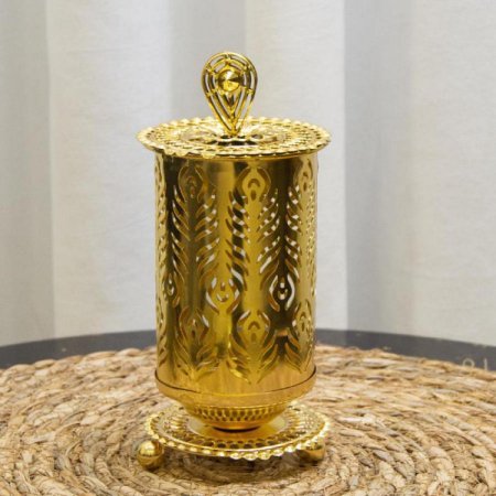 مبخرة اسطوانة حديد ذهبي مخرم ريشة صغير W907-S ^×^