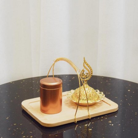 مبخرة حديد ذهبي مكتب + صينية خشب+ علبة بخور P194 ^×^