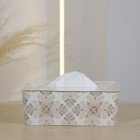 بكيت محارم مستطيل بورسلان بيج مرسم رمادي غطا خشب 5159-1934-2G ++ع.ج