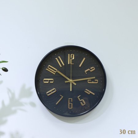 ساعة مدور 30سم بلاستك اسود وجه محزز مكتب ارقام ذهبي EL153/6 =ت.ش2