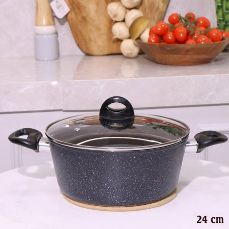 طنجرة جرانيت 24سم اسود غطا زجاج A2/9 =رم8