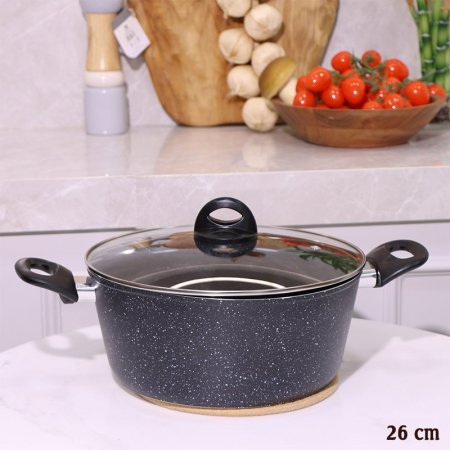 طنجرة جرانيت 26سم اسود غطا زجاج A2/10 =رم8