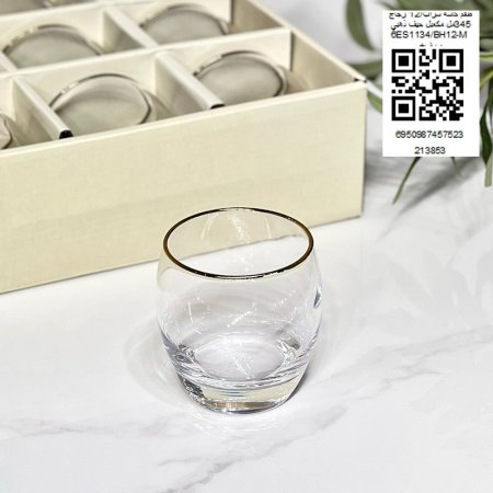 طقم كاسة شراب/12 زجاج 345مل مكعبل حيف ذهبي 6ES1134/BH12-M  +ب.ف