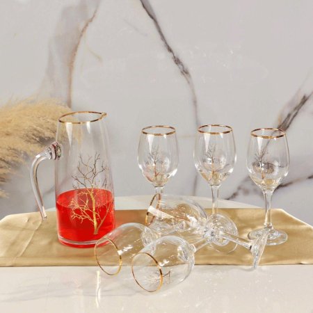 طقم/7 كوز شراب بطة + 6كاسات زجاج سادة مرسم شجرة حيف ذهبي KX7001-7 ++ج1